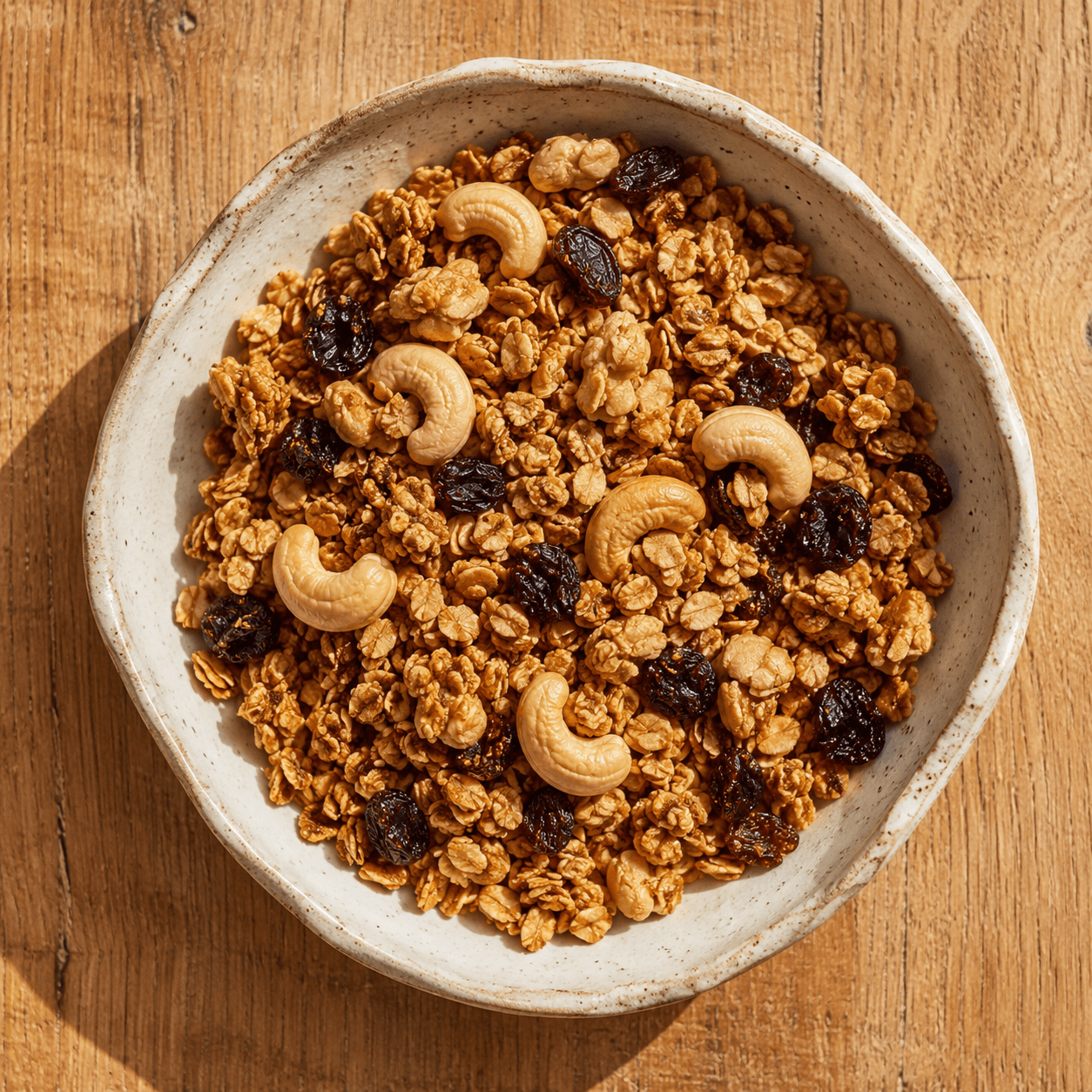 Tigela com granola dourada, castanha de caju e uva passa