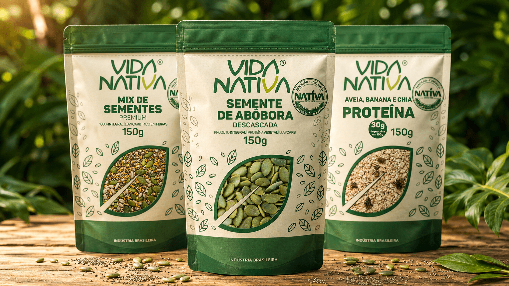 Linha de produtos Vida Nativa — mix de sementes, semente de abóbora e aveia com proteína